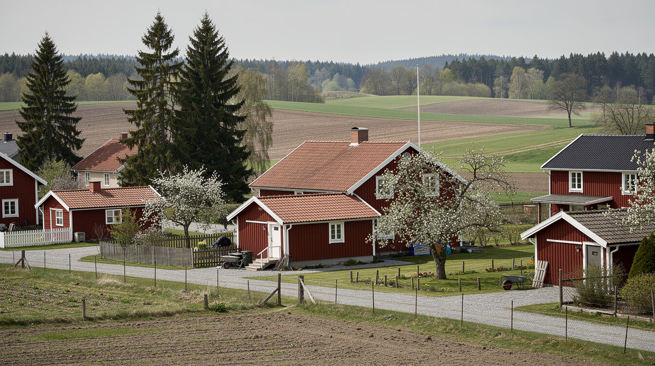 Lantbrukstomter i Fristad norr om Borås – uppvuxen blandskog och fruktträd