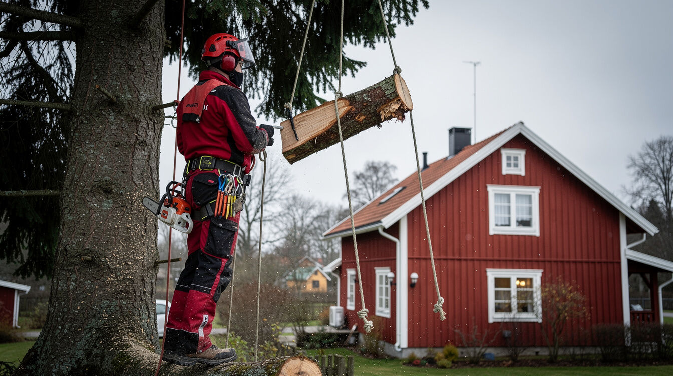 Stort träd nära husgavel – sektionsfällning krävs för säker borttagning