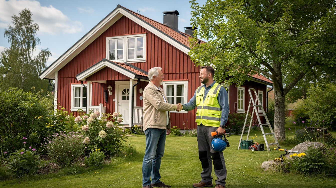 Husägare och entreprenör skakar hand framför en svensk villa – RUT-avdrag dras direkt på fakturan